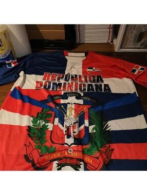 Men's Dominican Republic Baseball Style Button Up Jersey Shirt Double Sided L/XL